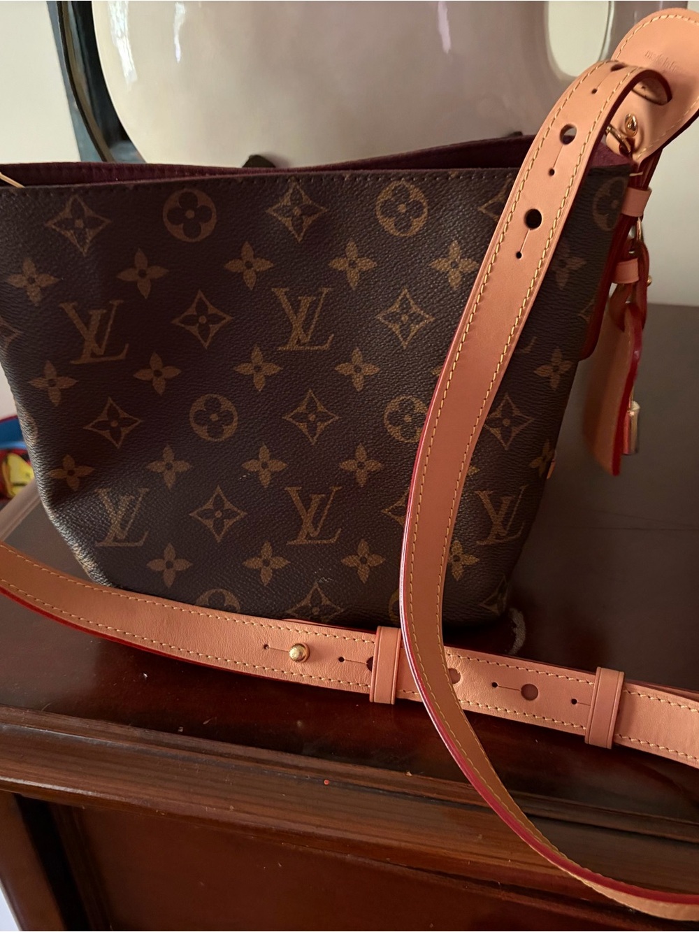 Louis Vuitton Monogram Bucket Shoulder Bag in Brown with Pink Trim